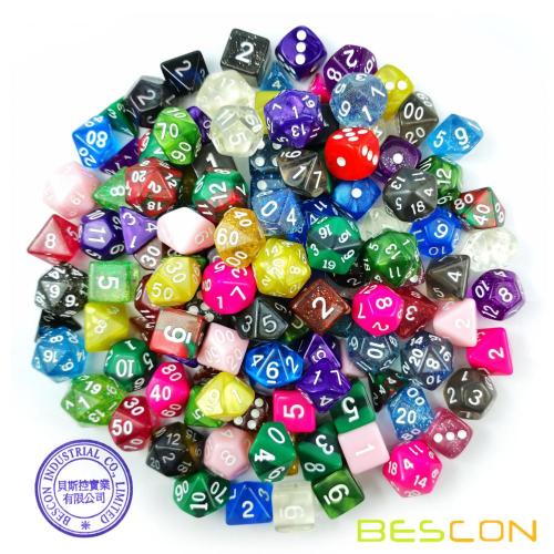 Bescon 120pcs Treasure Set, Randomly Mixed RPG Dice Pack of 120; Polyhedral Dice Mix of Rainbow Glitter,Gem,Swirly, Stone Styles