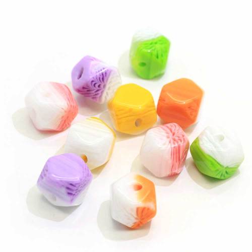 Colorful Cute Striped Cube Gengon Resin Cabochon With Hole 100pcs/bag  For DIY Toy Decor Beads Kids Necklace Spacer