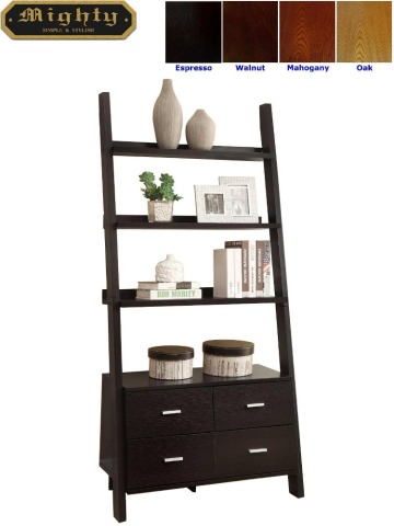 Wooden Black Ash 3 Shelf Leaning Ladder Bookcase With Drawers