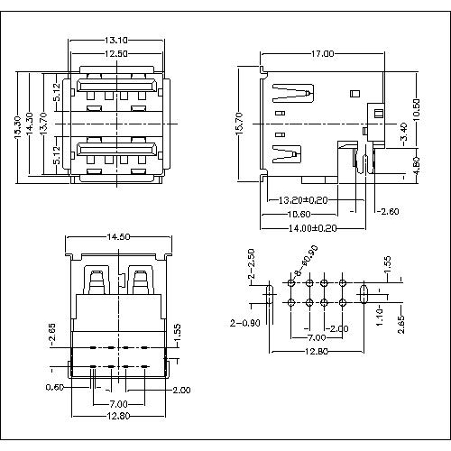 UAFR16 16-USB A TYPE FEMALE Double stacked,Drop in version,DIP 90°