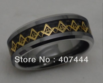 Free Shipping USA Hot Selling New new Golden Masonic Foil& Black Fiber Inlay Men's Tungsten Carbide Wedding Band Bridal Jewelry