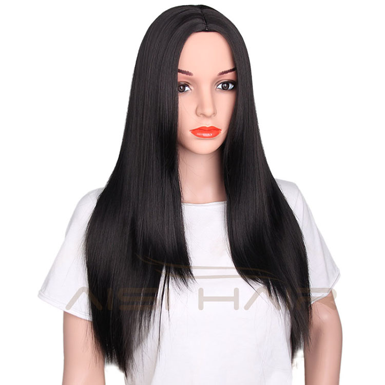 Good Quality Heat Resistant Fiber Wigs For Women Long Silky Straight Style Synthetic Black Color Wigs