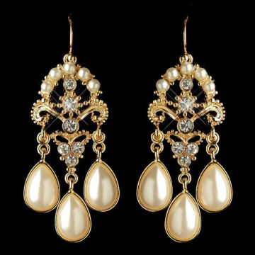 Gold Ivory Pearl & Rhinestone Chandelier Earrings