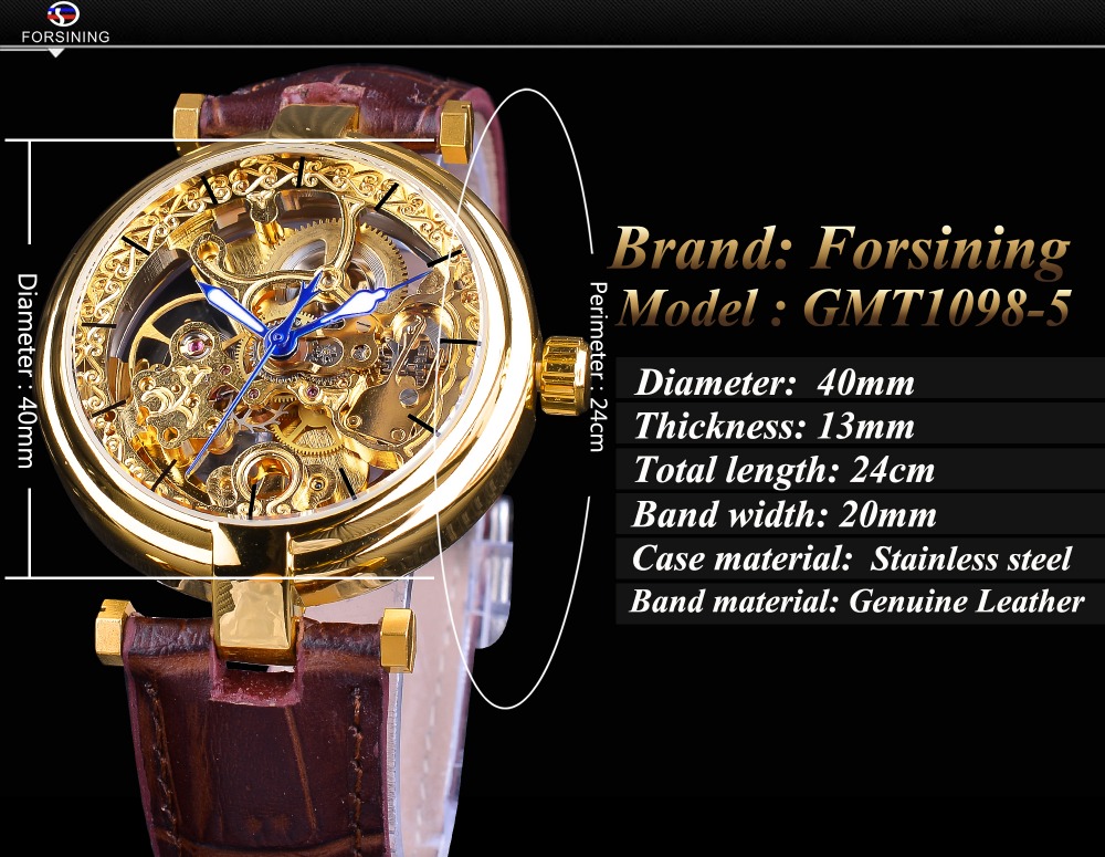 Forsining Golden Watches Fashion Blue Hands Mens Automatic Mechanical Watch Self-wind Watches Leather Luminous Hands