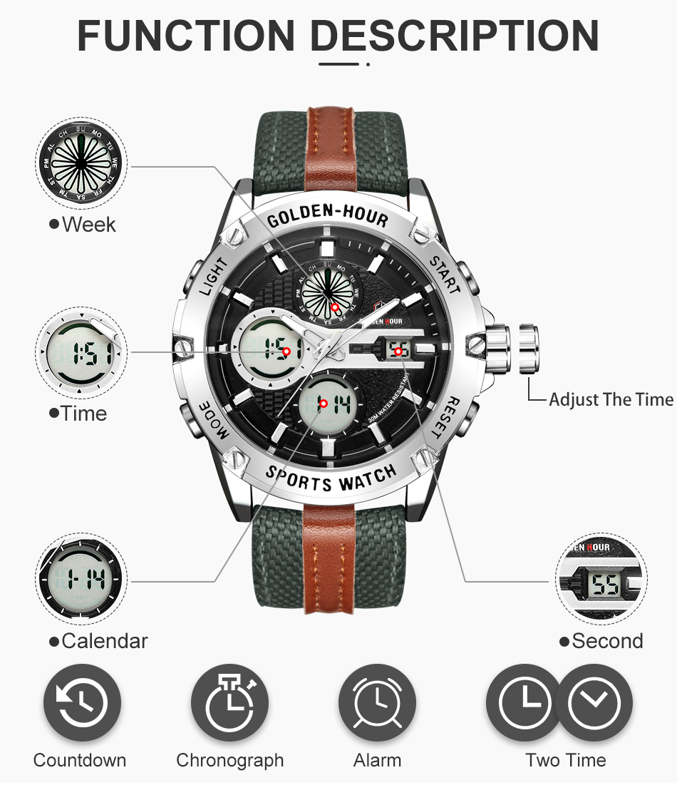 GOLDENHOUR 116 Men's Fashion Watch LED Analog Digital Watches Fashion Chronograph Wristwatch Relogio Masculino