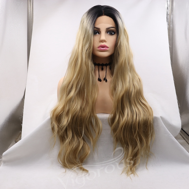 long ombre gold premium high quality afro kinky curly wholesale black women synthetic hair wigs lace front