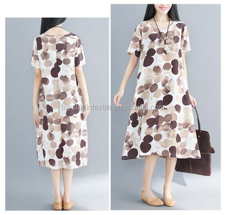 Plus size print linen women dresses circle print summer cotton linen casual dress