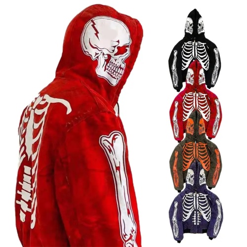 Winter Personality Skull Pattern Zipper Warm Hooded Coat