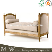 french country style oak wooden linen upholstered day bed, french oak day bed