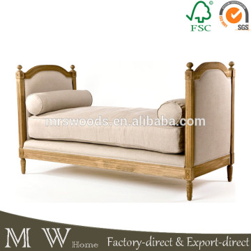 french country style oak wooden linen upholstered day bed, french oak day bed