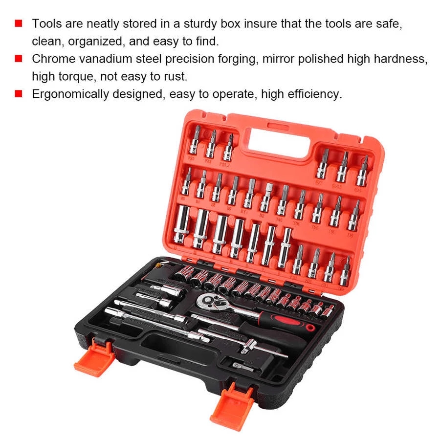Socket wrench 53-piece 1/4 inch steel socket wrench set ratchet wrench combo V tool set automotive sleeve tool set for household