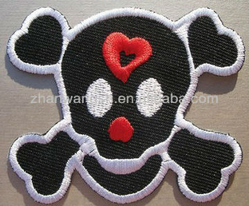 Large Skull & Cross Bones with Red Heart Embroidered Iron-On Patch 7.5cm x 6.2cm