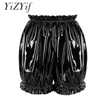 YiZYiF Women Latex Rubber Bloomers Lingerie Wet Look Patent Leather Hem Ruffled Elastic Waistband Boxer Briefs Underwear Panties
