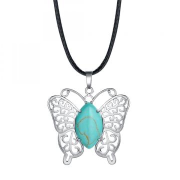 Vintage Gemstone Silver Alloy Butterfly Pendant Necklace for Women Gemstone Quartz Healing Crystal Girls Dating Jewelry