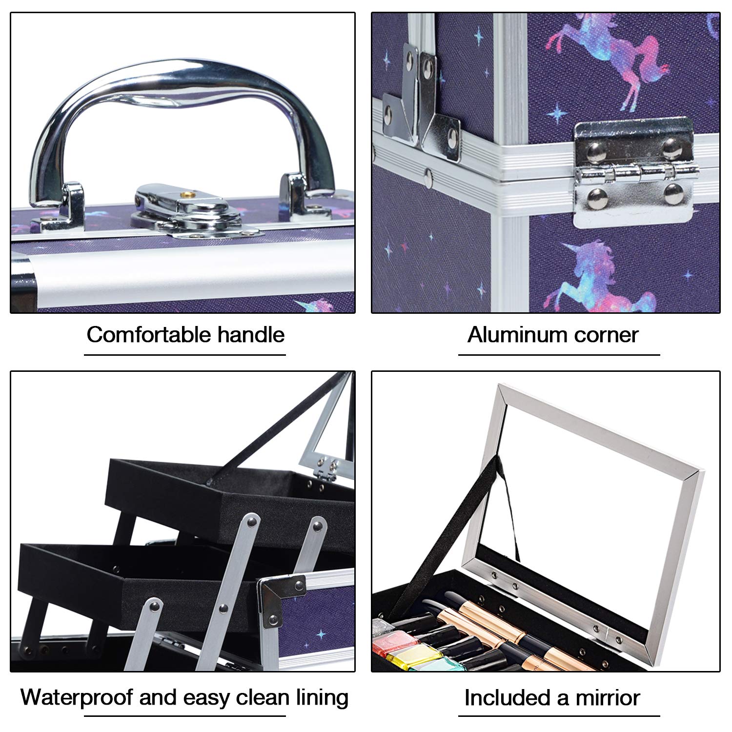 Makeup Train Aluminum Case for Girls Cosmetic Box Jewelry Organizer Storage Trays with Mirror (Unicorn)