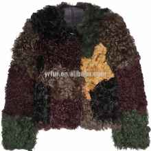 YR771 Genuine Curly Lamb Block Color Patchwork Fur Jacket