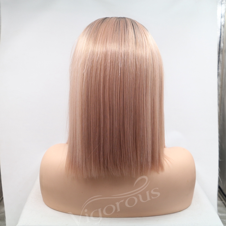Bob blonde straight ombre wholesale high quality heat resistant cheap synthetic short wig with lace front