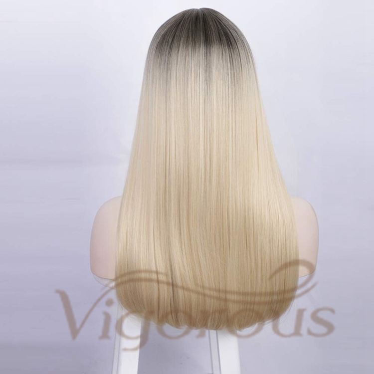 Vigorous High Quality Cheap Price Long Straight Wave Ombre Blonde Dark Root With Neat Bangs For Black Women Synthetic Hair Wigs