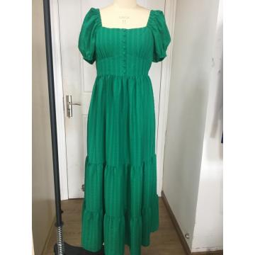 Womens' Green Color Tiered Ruffle-Trim Dress