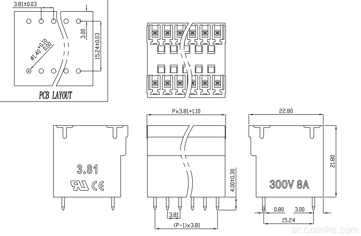 3.81mm ملعب طبقة مزدوجة كتلة PCB كتلة زاوية اليمنى المقبس الأيمن