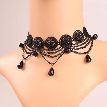 Circular Black Lace Crystal Pendant Necklace