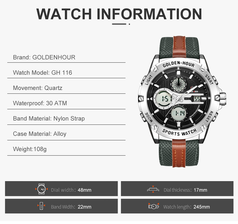 GOLDENHOUR 116 Men's Fashion Watch LED Analog Digital Watches Fashion Chronograph Wristwatch Relogio Masculino