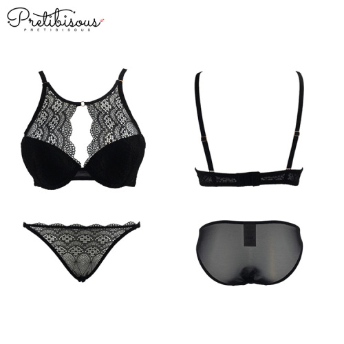 Frankrike svart spets transparent bra set