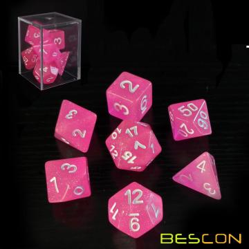 Bescon Intensive Glitter Dice 7pcs Set PINK PRINCESS, juego de dados de rol de novedad d4 d6 d8 d10 d12 d20 d%, paquete de caja de ladrillo