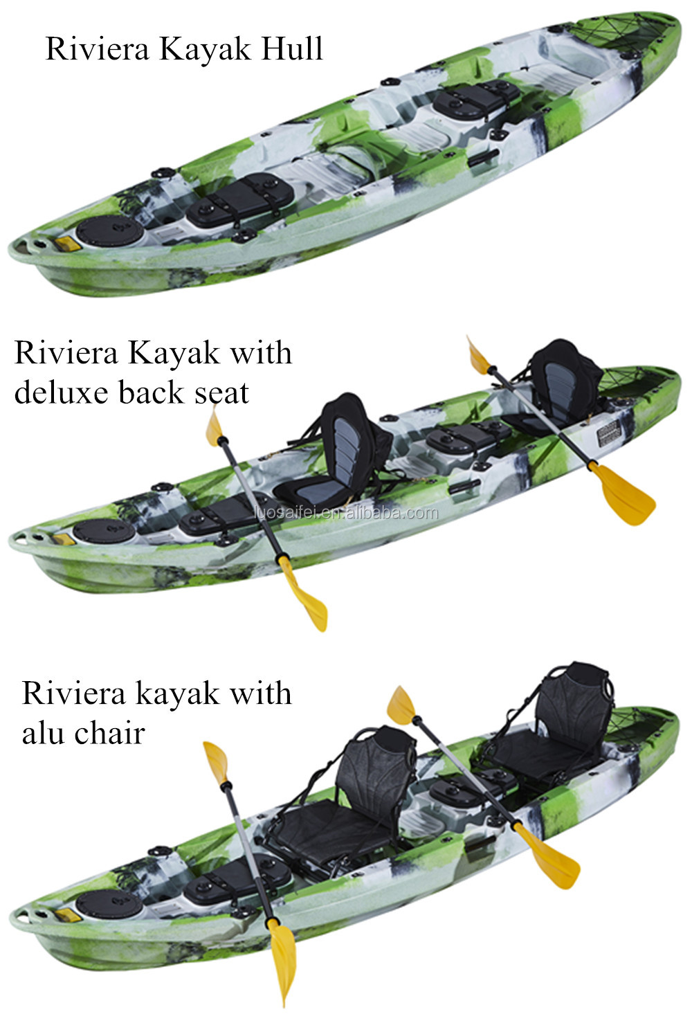 Multy function tandem 2+1 seat fishing kayak with aluminum frame seat in factory price