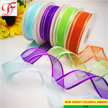 Deco Stitch Satin Edge Organza Ribbon with Gold and Silver Trims Double/Single Face Satin Ribbon Grosgrain Taffeta Gingham Hemp Metallic Ribbon Gift Ribbon
