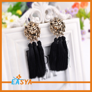 Metal Lion's Head Three Black Thread Tassel Earring