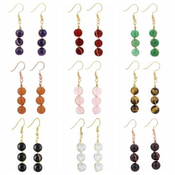 Healing Crystal Beads Dangle Earrings for Women 10MM Stone Drop Hook Eardrop with Copper Wire Wrapped