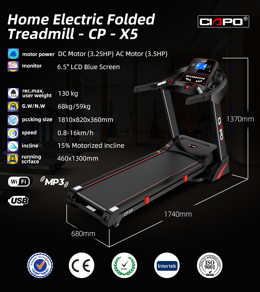 CP-X5 Heart Rate,MP3,USB, Silicone oil easy refilling, Hi-Fi Speaker, iPad holder, Hydraulic Soft-drop System Treadmill