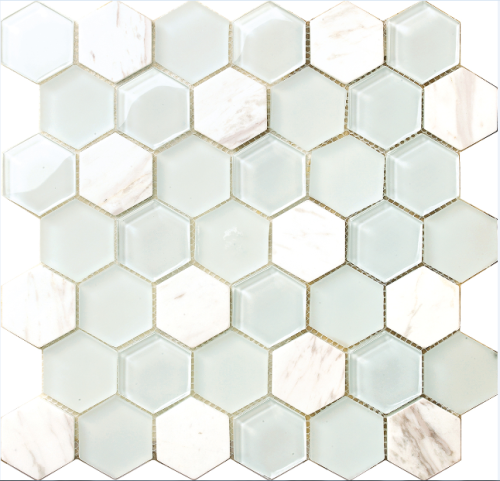 mosaico de vidro e mármore hexagonal