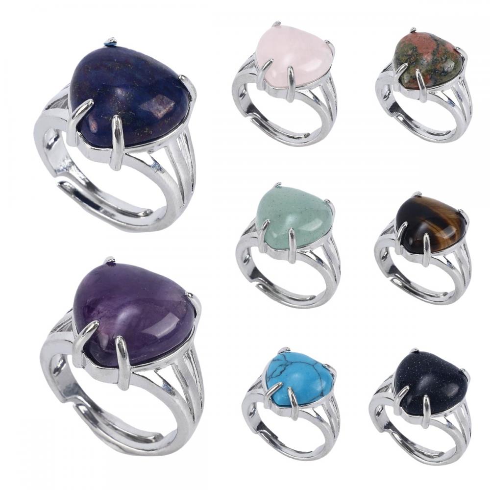 Heart Shape Love Rings Gemstone Heart Anillo para mujeres Girl Natural Stone Crystal Boda Anillos de boda Joyería de encanto de anillo ajustable