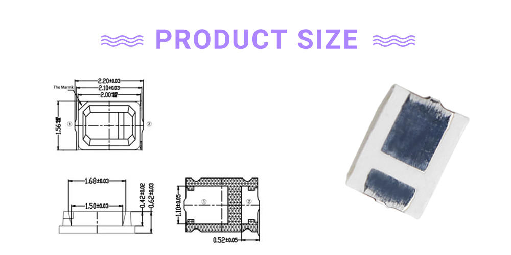 Size of 2016UVC43P2L14 High Bright Violet 430nm SMD LED 2016 0.2W