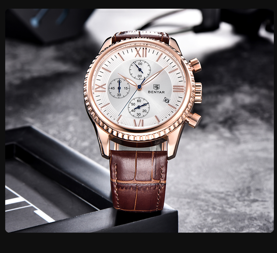 Top Luxury Brand Benyar watches mens wristwatch Fashion Sports Quartz Waterproof Leather Men Business Watch Relogio Masculino