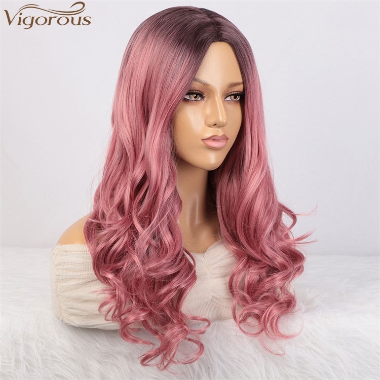 Vigorous Wholesale Price Long Natural Wave Cosplay Wig for Women Synthetic Ombre Pink Middle Part Wigs Heat Resistant