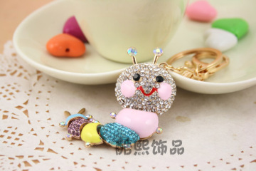 Creative cute Caterpillar rhinestone metal Keychain men and women big handbag hanger key ring wholesale