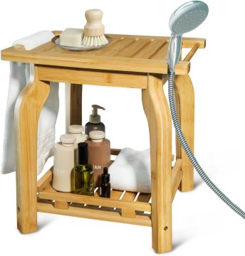 Dual-Layer Bamboo Shower Bench Stool - Multi-Functional Waterproof Bathroom Bench