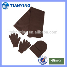 winter acrylic cheap plain knitting scarf hat glove set