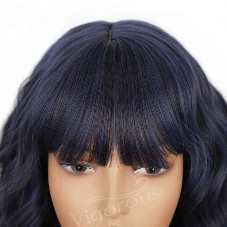 Short Bob Wavy Wigs With Bangs Mixed Navy Blue Curly Wigs For Women Natural Looking Synthetic Heat Resistant Fiber Wig For Daily