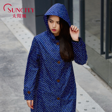 High-Quality Korean Design Navy Blue Ladies' Long Raincoat with Hood