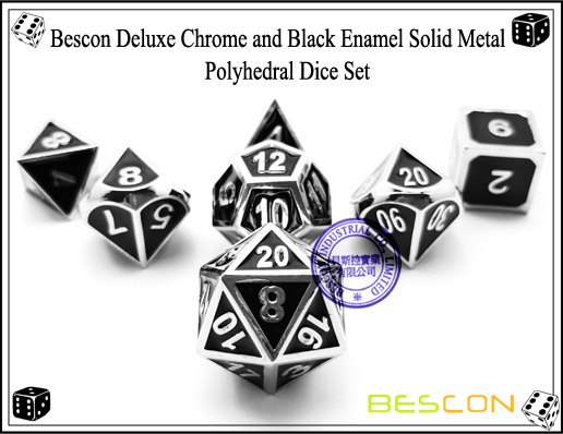 Bescon Deluxe Chrome and Black Enamel Solid Metal Polyhedral Role Playing RPG Game Dice Set (7 Die in Pack)-1