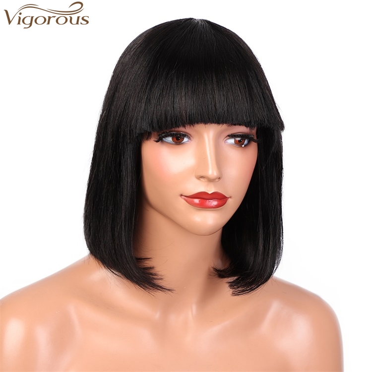 Vigorous High Quality Short Bob With Flat Bangs Wigs12 Inches Straight Black Human hair Wigs for White Women Wholesale Price