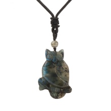 Labradorite Handmade Craved Owl Pendant Necklace Adjustable Rope