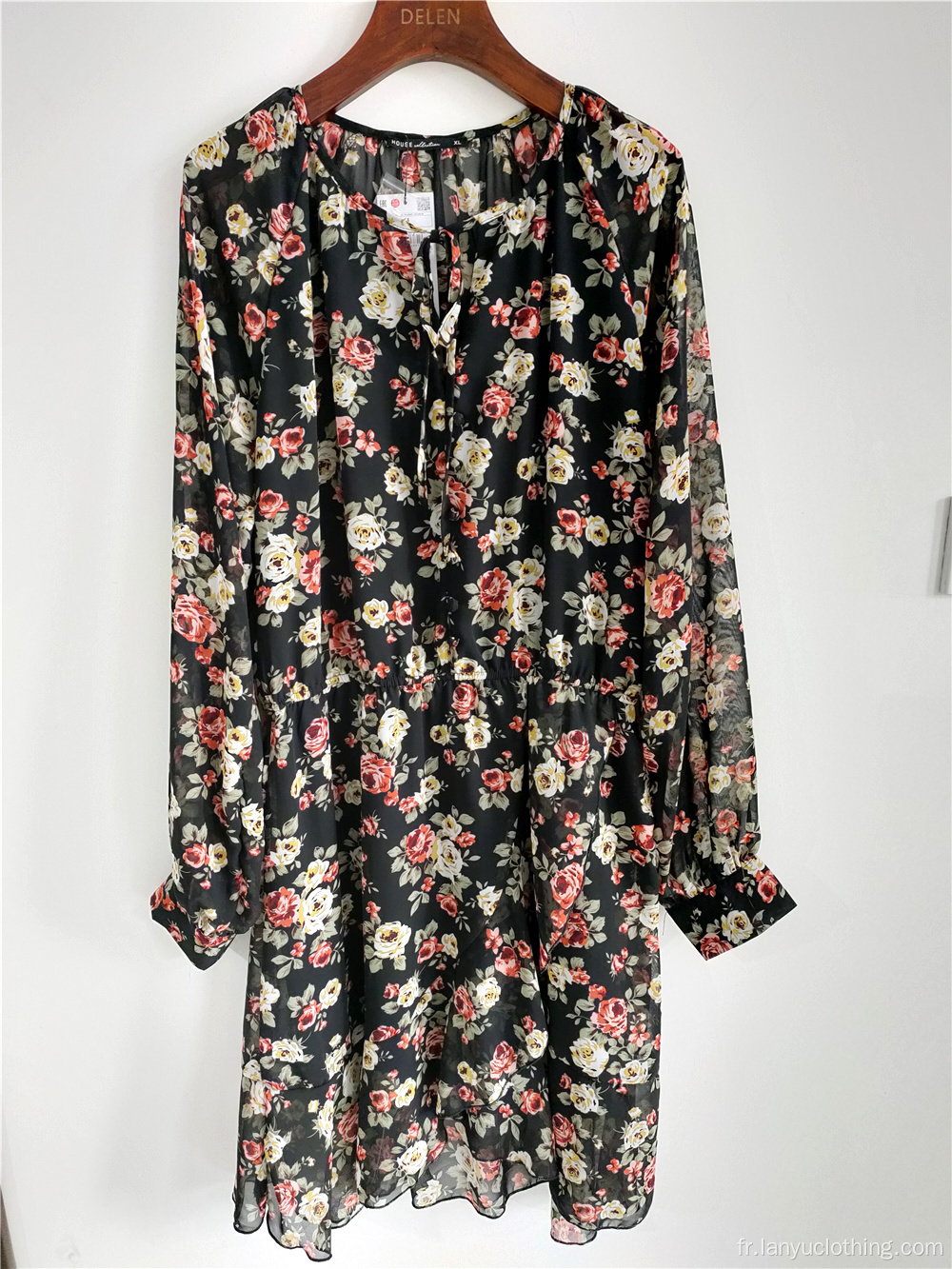 Robe de dames élégante florale imprimée en mousseline de soie à manches longues