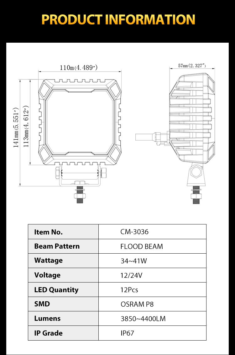 Chiming การออกแบบใหม่ 4.3 "35w osram ชิป LED การเกษตรทำงานแสงมากกว่าความร้อนป้องกัน ECER10 IP67 ปลั๊ก DT