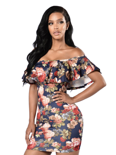 Formal Dress Wholesale Cheap Girls Slim Fit Floral Print Off Shoulder Dress
