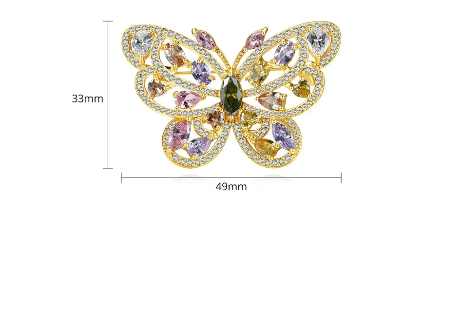 Rainbow Color Gold Plated CZ Butterfly Brass Brooch